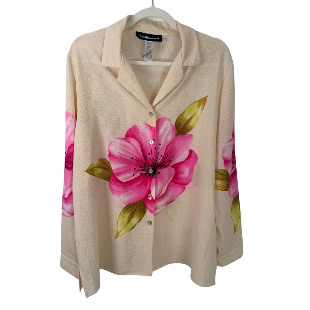 Sag Harbor L Floral Button Up Shirt Semi Sheer Gauze Beachy Tropical Resortwear